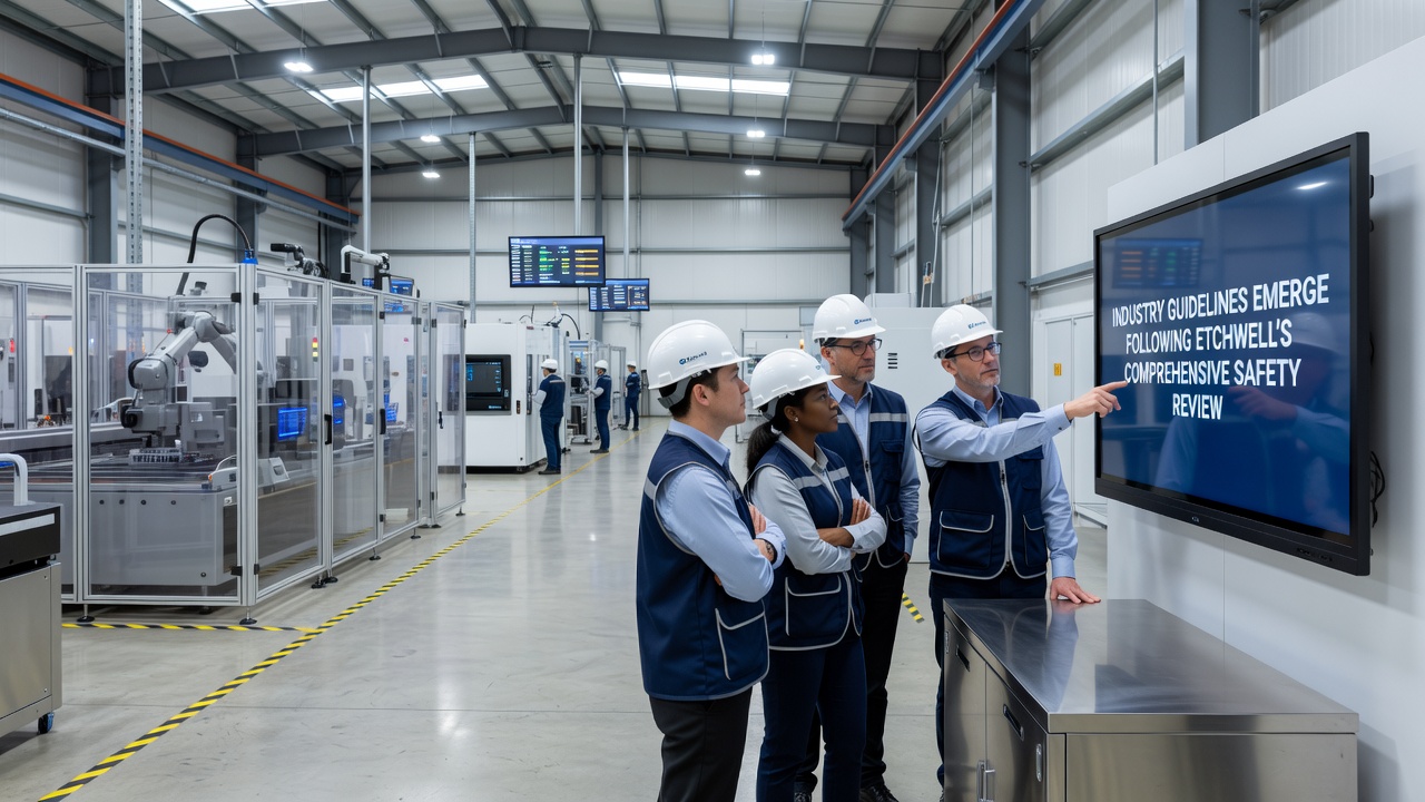 Workshop technicians reviewing updated safety protocols for acid-free etching lines