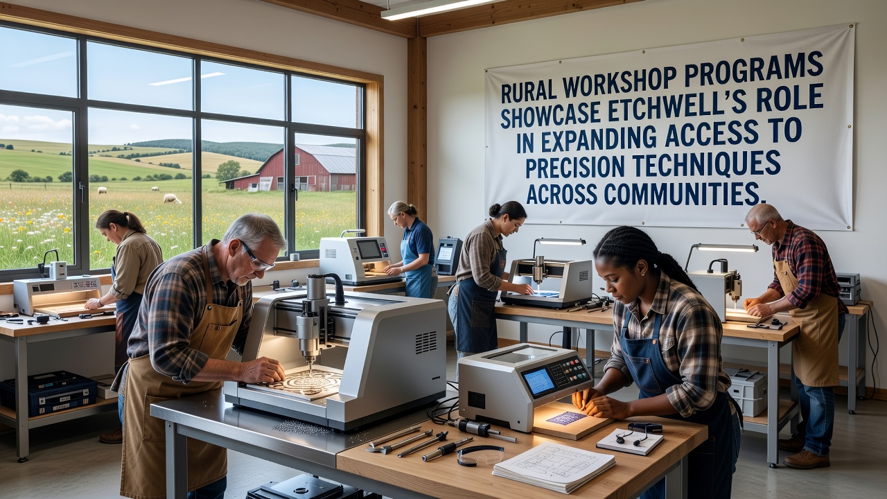 Close-up of precision etching tools and plates used in rural training sessions