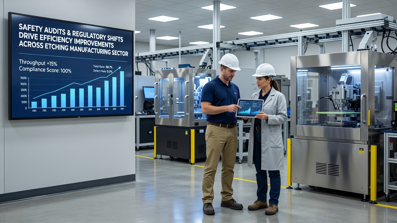 Technicians analyzing etching process data on control panels following regulatory compliance updates